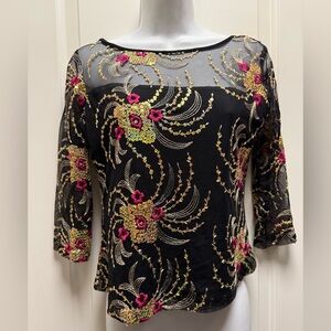 Black Floral Embroidered Gold Sequince Blouse Festive, Holiday Women’s Top